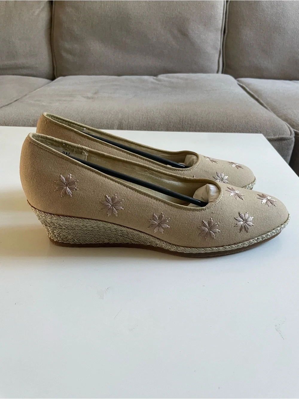 Neutral Embroidered Espadrille Wedge Pumps - Tan